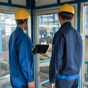  Two workers face away from camera